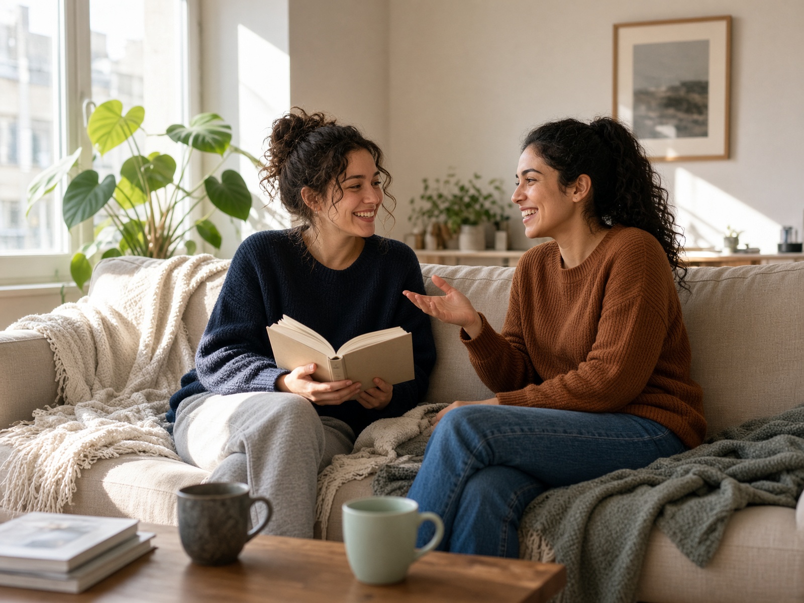 Two friends on a sofa sharing a page from a paperback