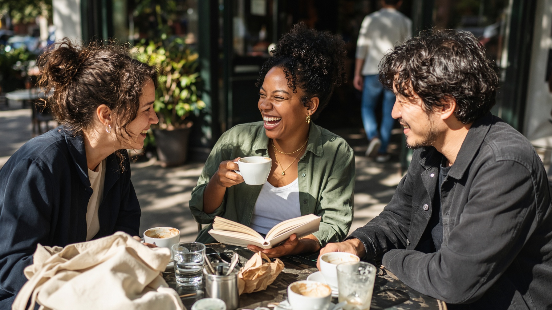 Friends at a sunny cafe leaning over an open book and laughing