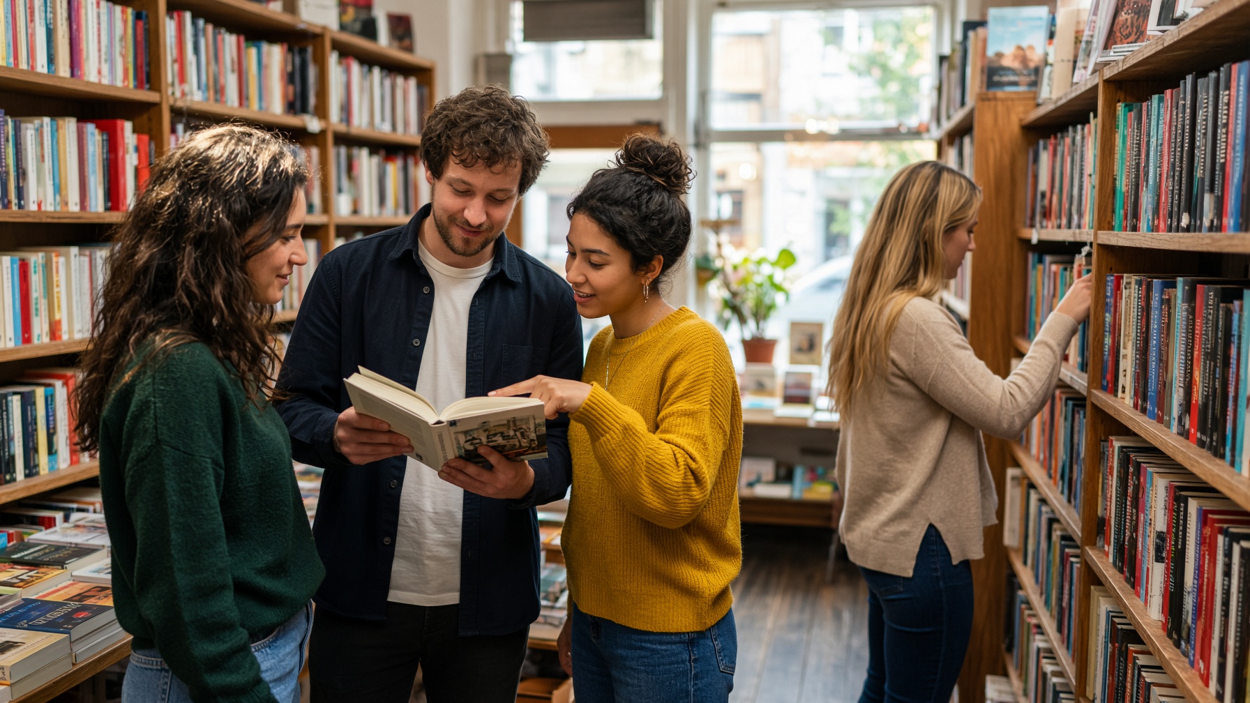 Friends chatting among the shelves of a sunlit bookstore
